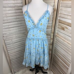 J for Justify Blue Yellow Floral Print Whimsical Floaty Strappy Sundress Size M
